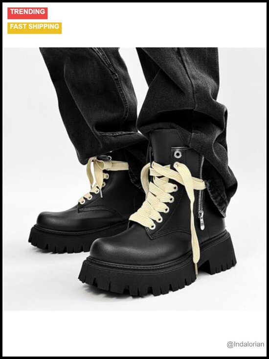 Men\'s Faux Leather Lace Up Ankle Combat Boots Side Zipper Chunky Heel Lug Sole main image 5